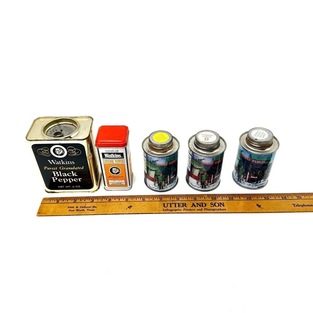 Vintage Watkins Spice Tins & Maple Syrup Cans and‎ Black Pepper Cayenne Lot of 5
